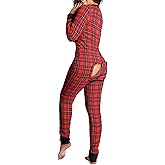 UAURORAO Women Christmas One Piece Pajamas Bodycon Striped Xmas Onesie Pjs Cute Printed Sexy Butt Flap Jumpsuit Sleepwear