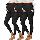 Sweetyweee 3 Pack Women's Maternity Leggings Cotton Ribbed Pregnancy Pants Drawstring Workout Yoga Active Pants with Pockets