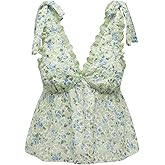 MakeMeChic Women's Babydoll Tops Floral Print Lace Trim Tie Shoulder Shirt Tank Peplum Tops