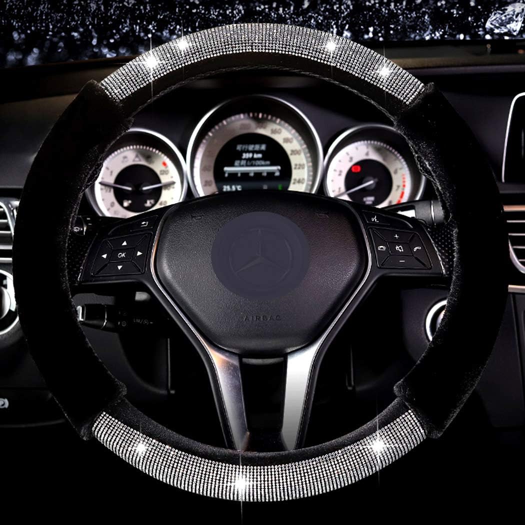 ESKONKE Princess ONLY Fuzzy Steering Wheel Cover with Bling Diamonds + Soft Velvet for Women Winter Warm Fluffy Auto Steering Protector Car Series Universal 15 inch 38 cm (C - Black)