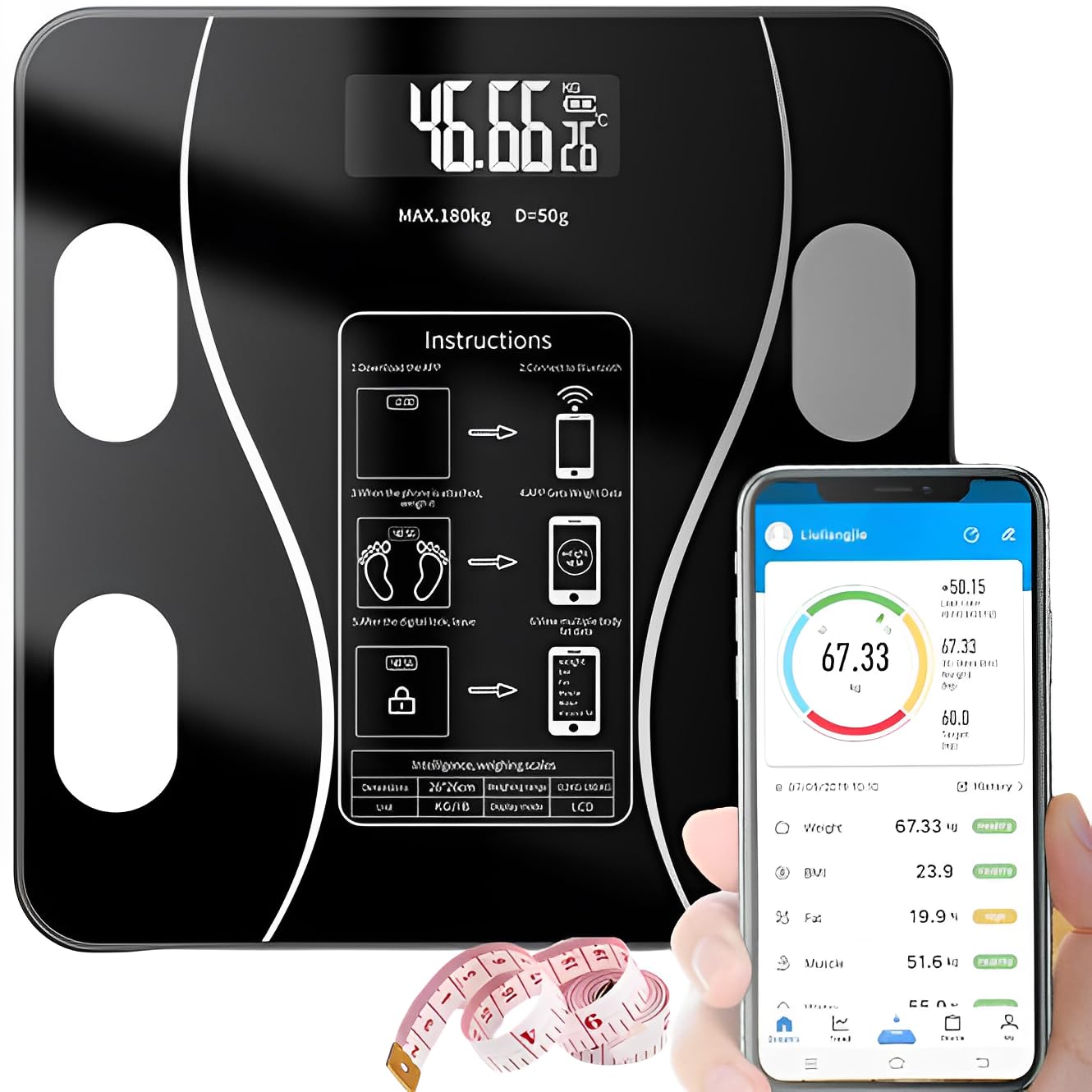 Scale for Body Weight, USB Rechargeable Digital Bathroom Scale, Smart Digital Body Fat Scale, Intelligent Body Fat BMI Scale with WIFI and Bluetooth, 400lbs (Black)