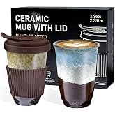 ganfaner 13oz Ceramic Coffee Mug with Lids 2 Sets, Travel Coffee Cup with Lids Leak-proof Fit Car Holder, Cute Mug Set w/Silicon Sleeve Microwavable Pb Cd Free, Gift for Congrate Birthday Wedding