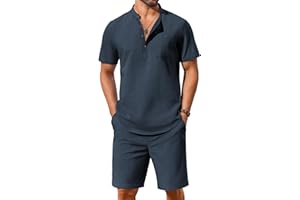 COOFANDY Men's 2 Piece Cotton Linen Sets Summer Beach Outfits Casual Short Sleeve Henley Shirts and Vacation Shorts