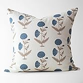 Tajik Home Daisy Block Print Floral Pillow Cover 22x22 – 100% Cotton Decorative Throw Pillow Cover – Vintage Botanical Coastal Grandma Grandmillennial Style Accent for Sofa, Couch, or Bed