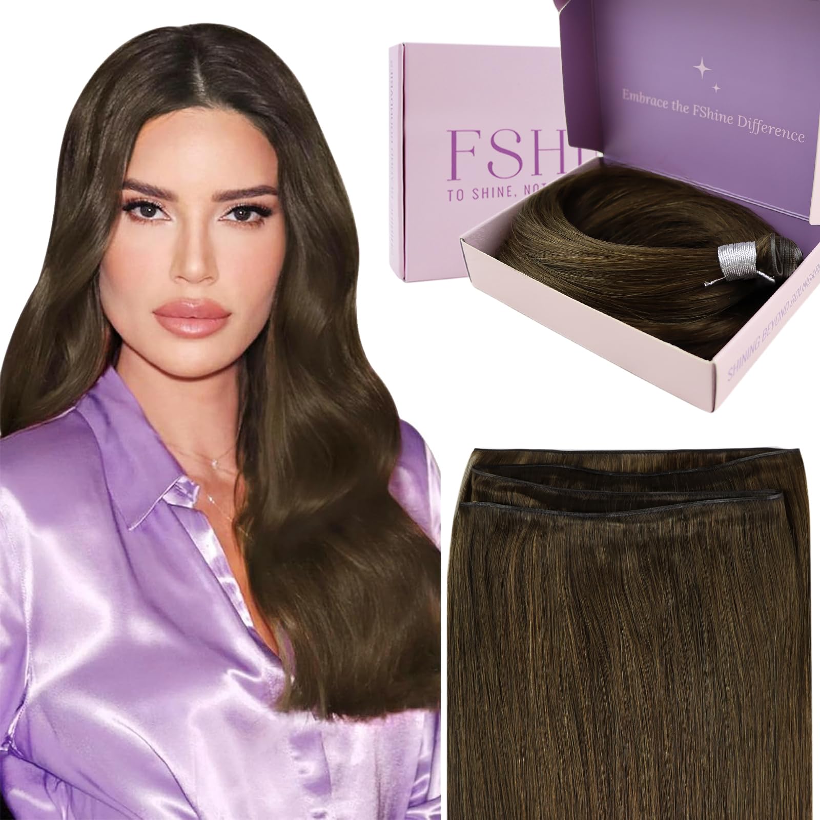 Fshine Sew in Weft Hair Extensions Real Human Hair 20 Inch Medium Brown Double Weft Hair Bundles 60g Hair Extensions for Women