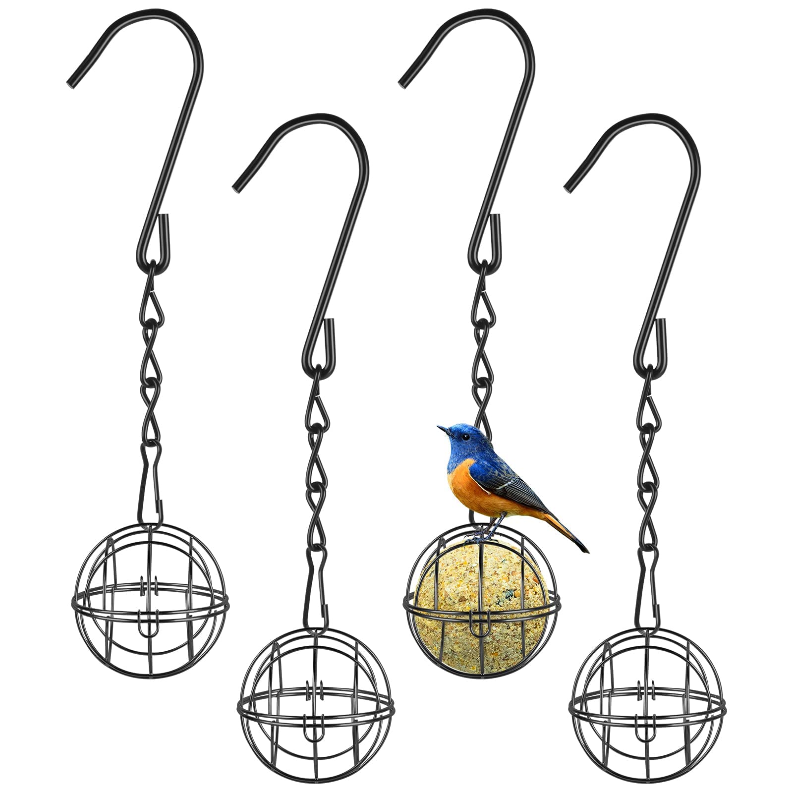 OFFCUP Fat Ball Bird Feeder, 4pcs Metal Fat Ball Bird Holder, Hanging Bird Feeder Holder Spherical with 4 S-shaped hooks for Outdoor Garden Wildlife Birds Finch Sparrow Robin (Black)