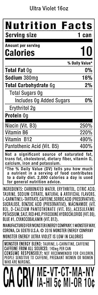 MONSTER ENERGY ULTRA VIOLET, SUGAR FREE ENERGY DRINK, 16 OUNCE (PACK OF 15)