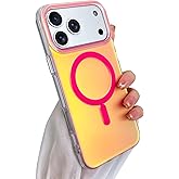 SAKUULO Magnetic Case for iPhone 17 Pro Compatible with Magsafe, Bling Laser Iridescent Florescent Crystal Sparkly Luxury Shockproof Protective Cover for Women Men, Hot Pink