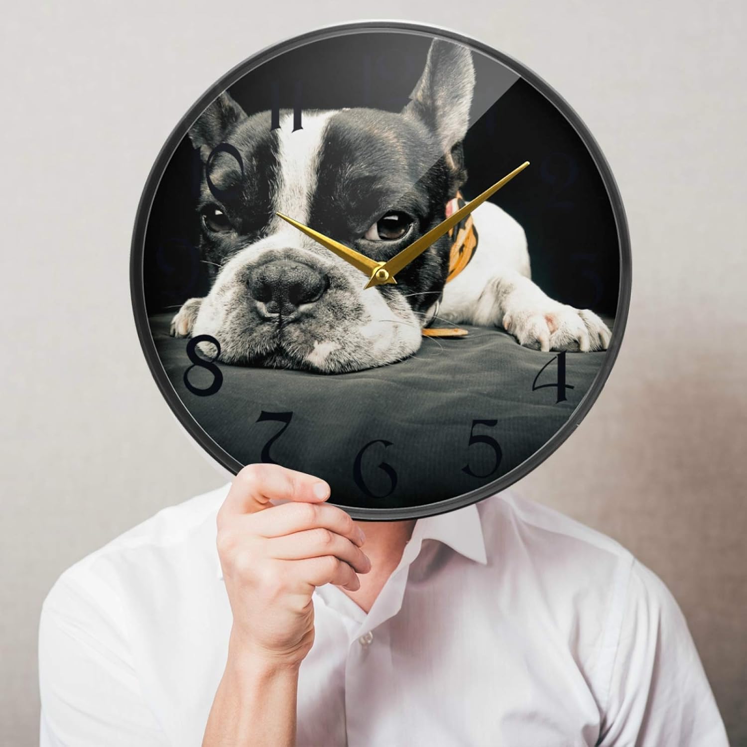 Amazon Co Jp 12インチの丸い壁の時計カチカチ音をたてないサイレントバッテリー式オフィスキッチンベッドルーム家の装飾 フレンチブルドッグの 平面の近く ホーム キッチン