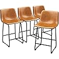 REONEY Bar Stools Set of 4, PU Leather Counter Height Bar Stools, 26" Modern Barstools with Metal Legs and Footrest, Urban Armless Dining Chairs with Backrest for Kitchen Island (Brown)