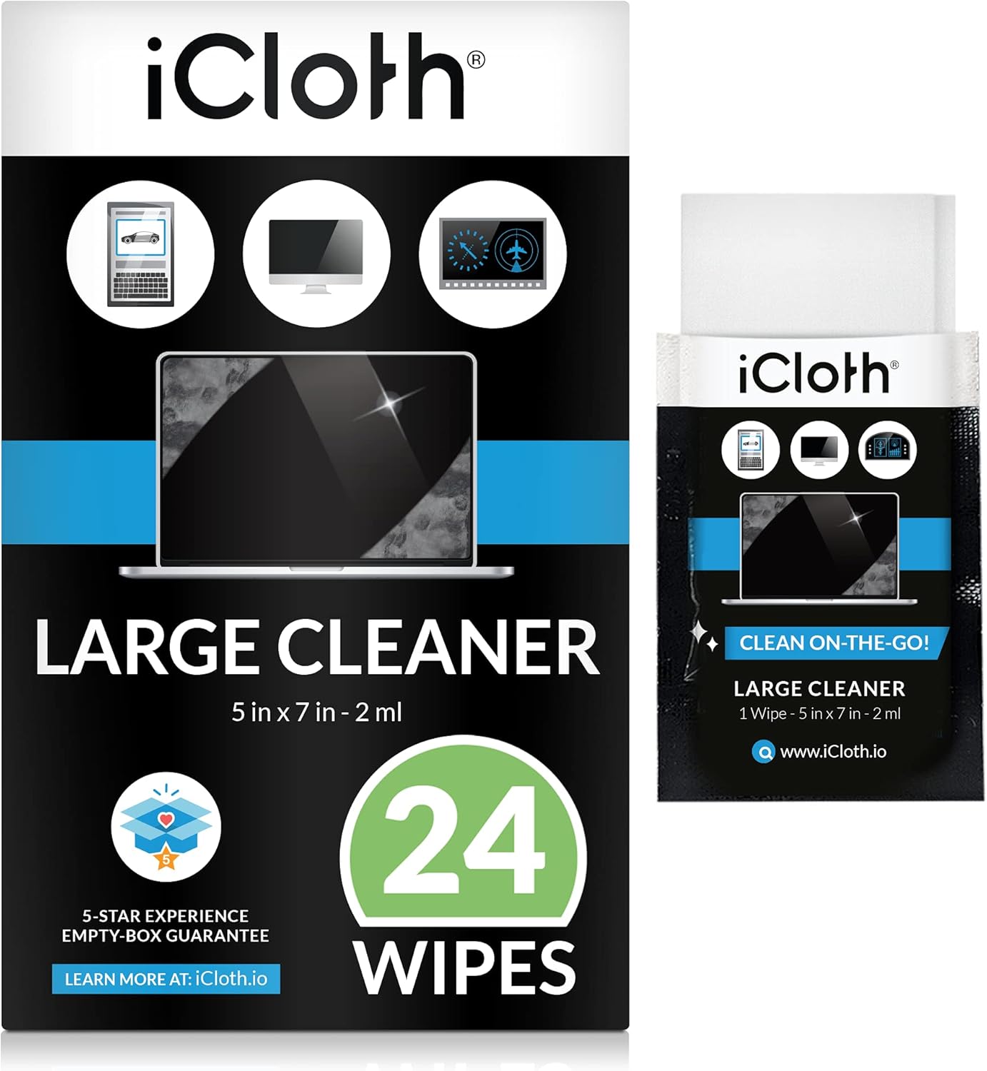 iCloth Large Lens and Screen Cleaner Pro-Grade Individually Wrapped Wet Wipes, 1 Wipe Cleans a LCD Monitor, Laptop, or Flat Screen HDTV, Box of 24: Electronics