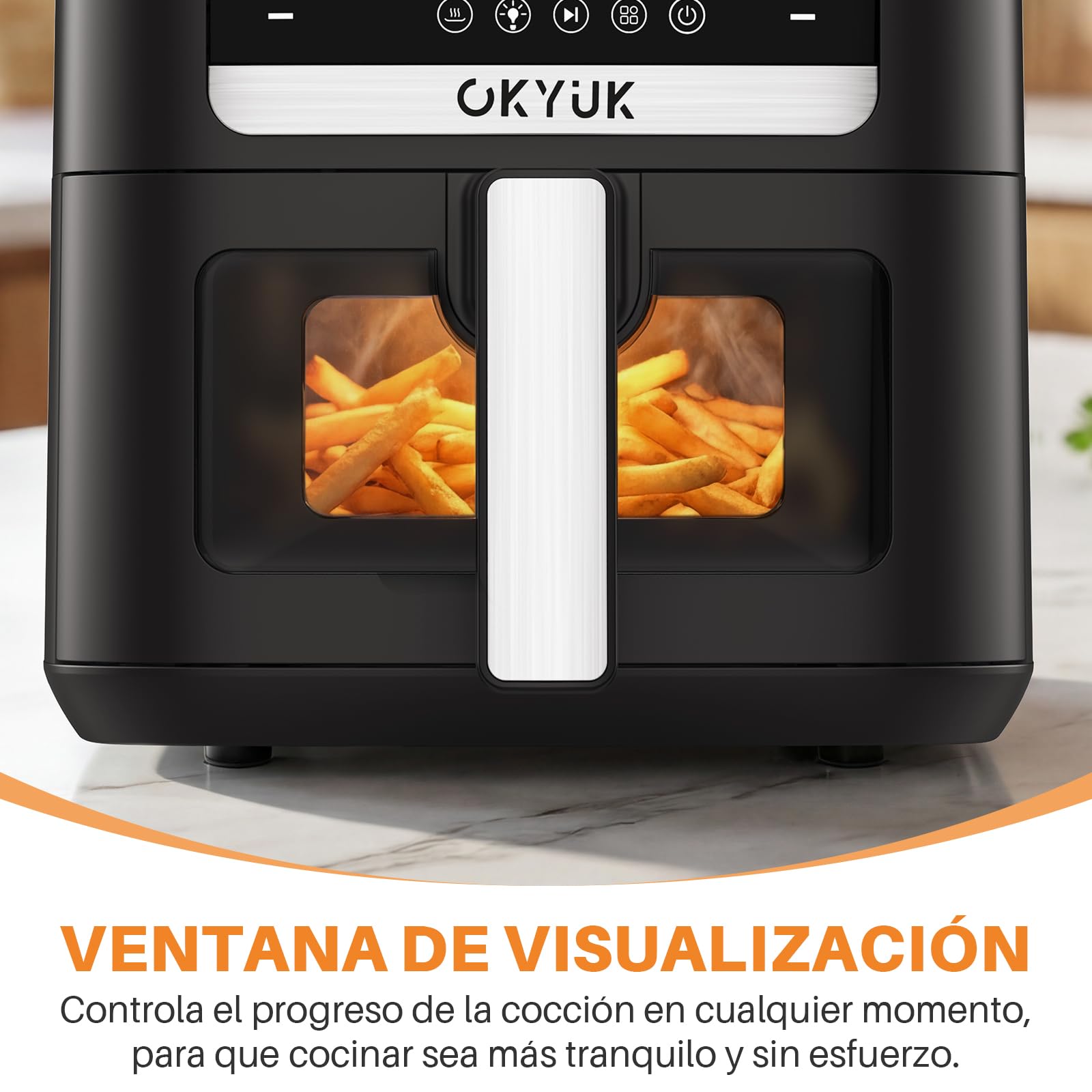 OKYUK Heißluftfritteuse 6L Airfryer XL - 1200W Friteuse ohne Öl mit Metall-Innenraum | Heissluftfriteuse Air Fryer, 8 Programmen, Digitales LED-Display, Timer, Benutzerfreundlich, 80-200°C 6