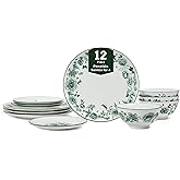 Stone Lain Esme 12-Piece Dinnerware Set Porcelain, Plates and Bowls Set, Dish Set for 4, Microwave and Dishwasher Safe, Green