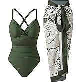 BAWHAHT Women’s One Piece Tummy Control Swimsuit with Skirt Retro Slimming Mesh Bathing Suit with Wrap Cover Up Set