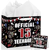 13th Birthday Gift Bag for Boys Girls Teenager 13 Years Old Happy Birthday Party Favors Bag with Wrapping Tissue Paper and Greeting Card Black Red Party Decorations Supplies