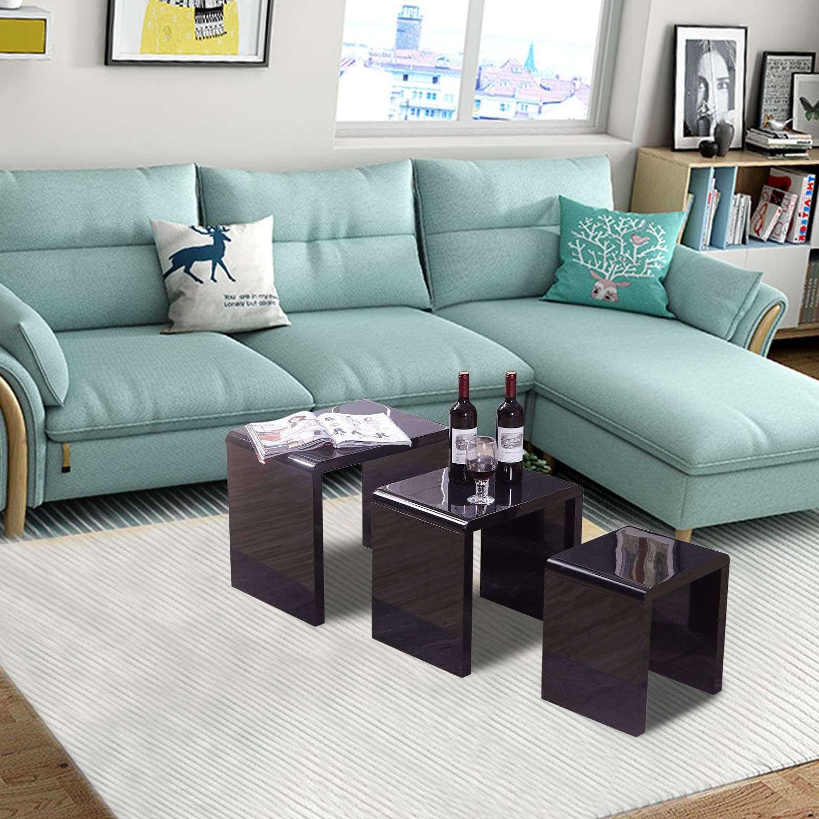 Quieting Matte texture Nest of 3 Coffee Table Side End Tables Living Room Furniture Black
