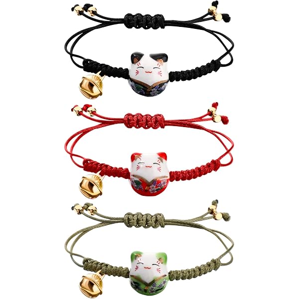 Bracelet Japonais Avec Masque De Renard Sakura Et Cloche - Demi-corde Rouge, Demi-chaîne - 10