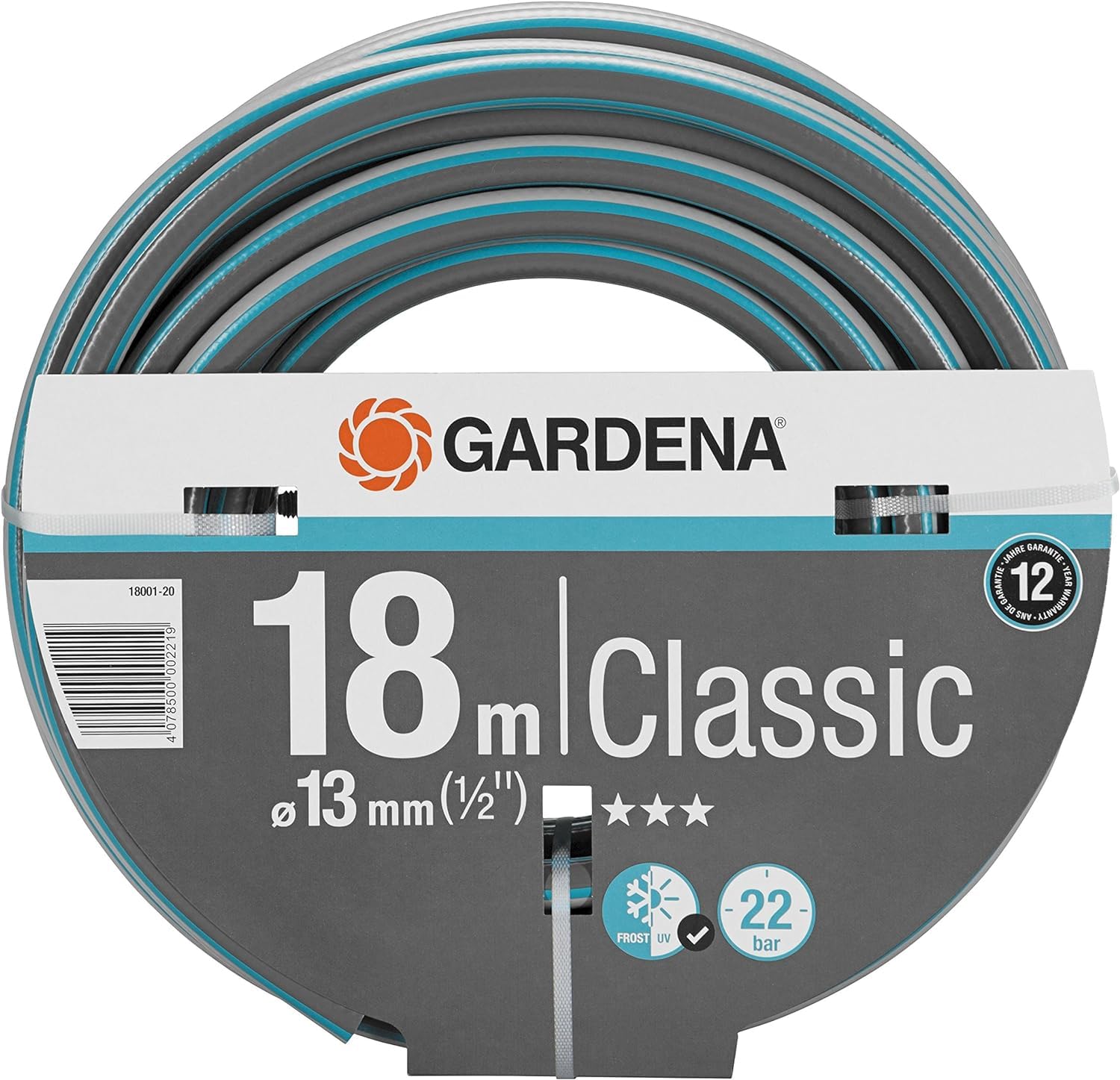 Gardena Classic Hose 13 mm (1/2 inch), 18 m: Universal Garden Hose Made of Sturdy Cross Fabric, 22 bar Bursting Pressure, UV-Resistant, Without System Parts (18001-20)
