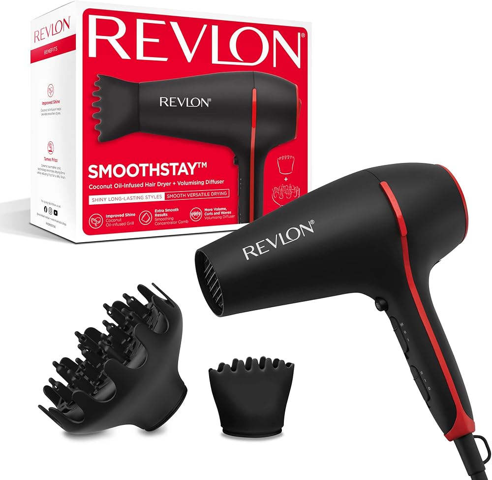 Revlon Smoothstay Coconut Oil-Infused Hair Dryer 2000W Diffuser & Concentrator