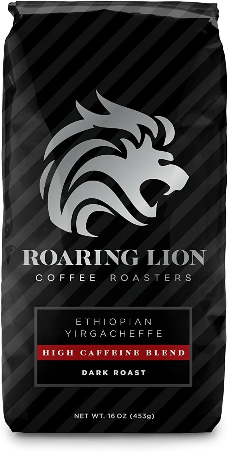 Roaring Lion - Ethiopian Yirgacheffe Dark French Roast, High Caffeine Blend, Ground Coffee (16 oz.) Perfect Blend of Arabica and Robusta Coffee Beans - Gourmet Taste and Quality, High Caffeine Content