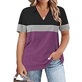 ROSRISS Plus-Size-Tops-for-Women Summer Loose Fit Short Sleeve Casual V Neck Polo Shirts Trendy Color Block Collared Tees