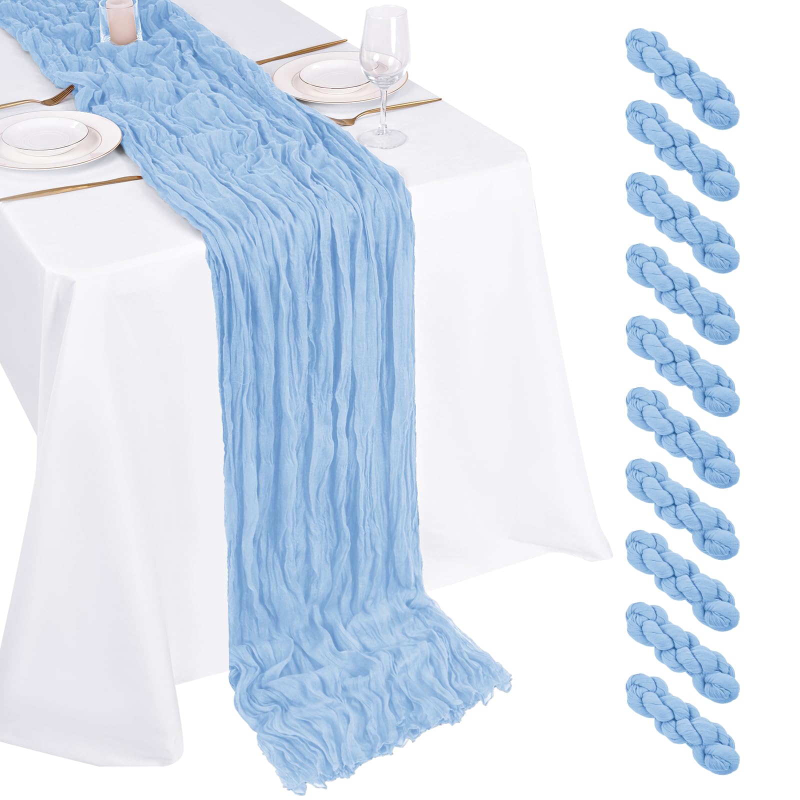 Photo 1 of 10 Pack Light Blue Cheesecloth Table Runner 17x108 Inch Boho Gauze Cheese Cloth Table Runners for Wedding Party Baby Shower Birthday Home Decor