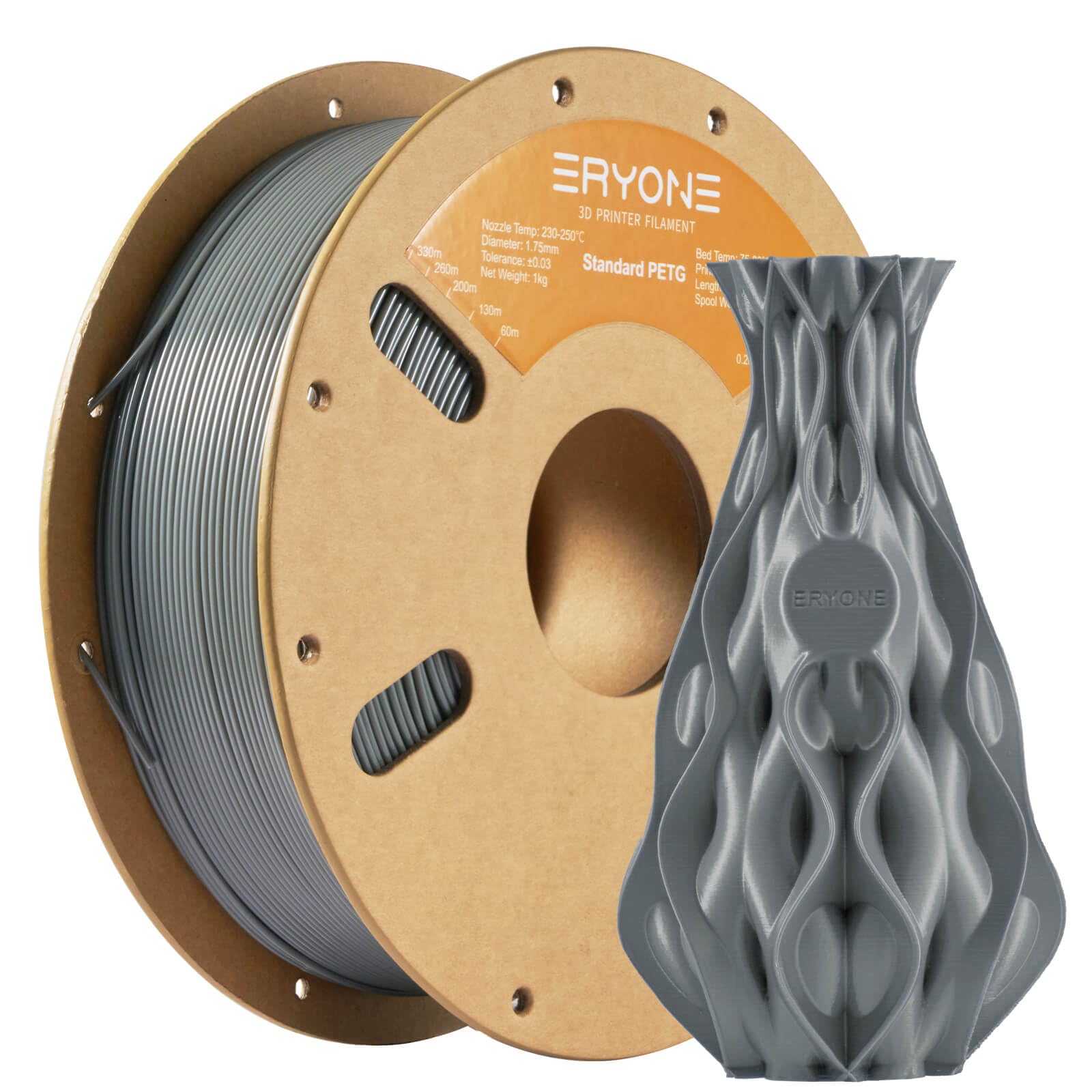ERYONE PETG Filament 1,75 mm, 3D Printer Filament PETG, +/- 0,03 mm, 1 kg/Spool,Gray