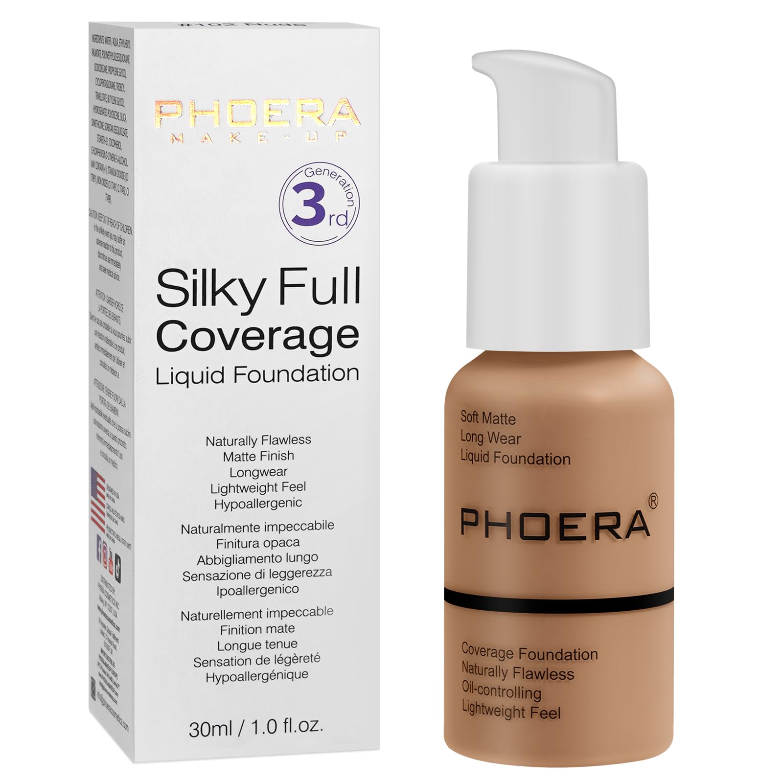 PHOERA Matte Liquid Foundation, Full Coverage Concealer, 30ml 24HR Oil Control Makeup for Women (106 - Warm Sun) — image 1