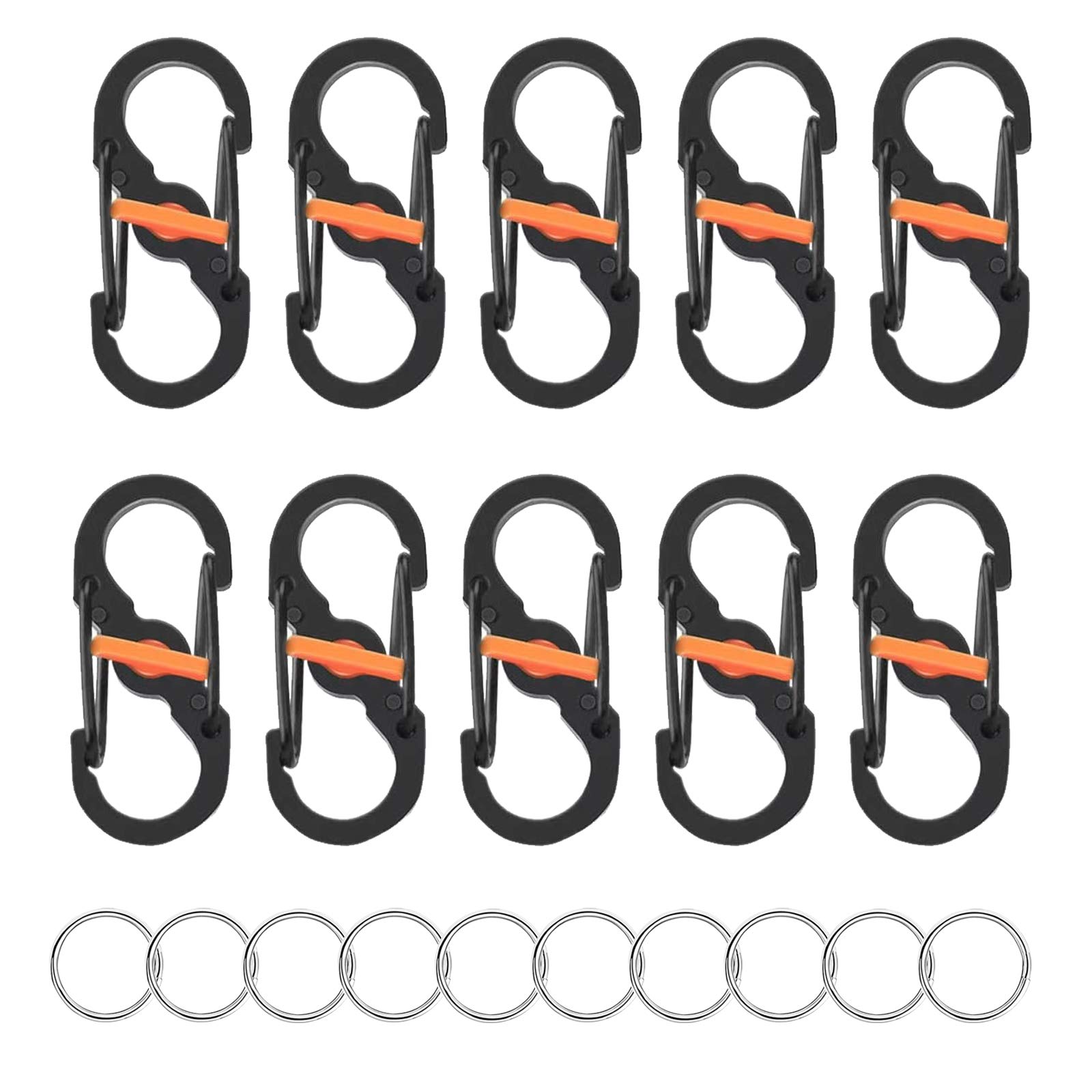 JLDURUME Ring Locking S Shape Carabiner Outdoor Lock Mini Stainless Steel Carabiner Mini Keychain Hook S Type S Shape Buckle Ring Clip (Black orange)