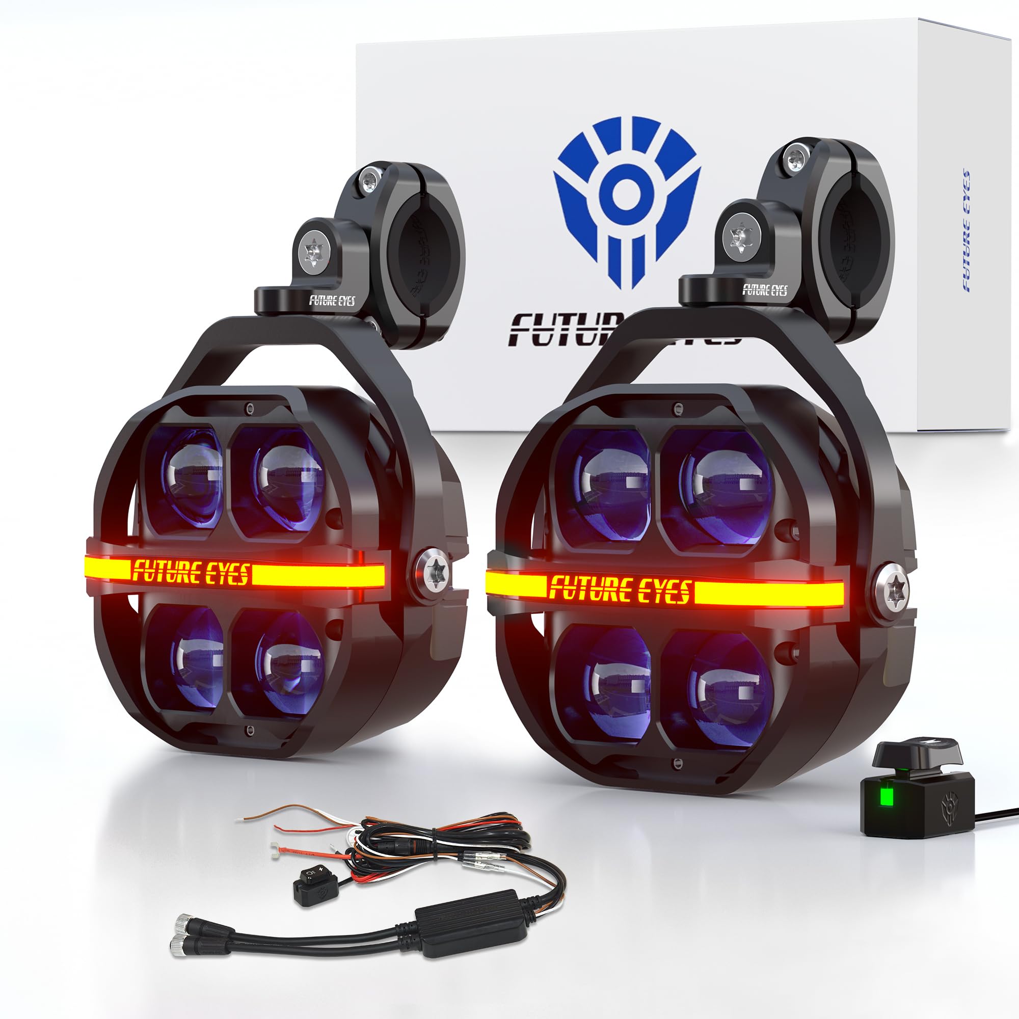 Photo 1 of Future Eyes Motorcycle Driving Lights – 180W LED Fog Lights with Amber & White Beams, Waterproof Auxiliary Spotlights with DRL, Strobe, Signal, for Night Riding Off-Road UTV ATV