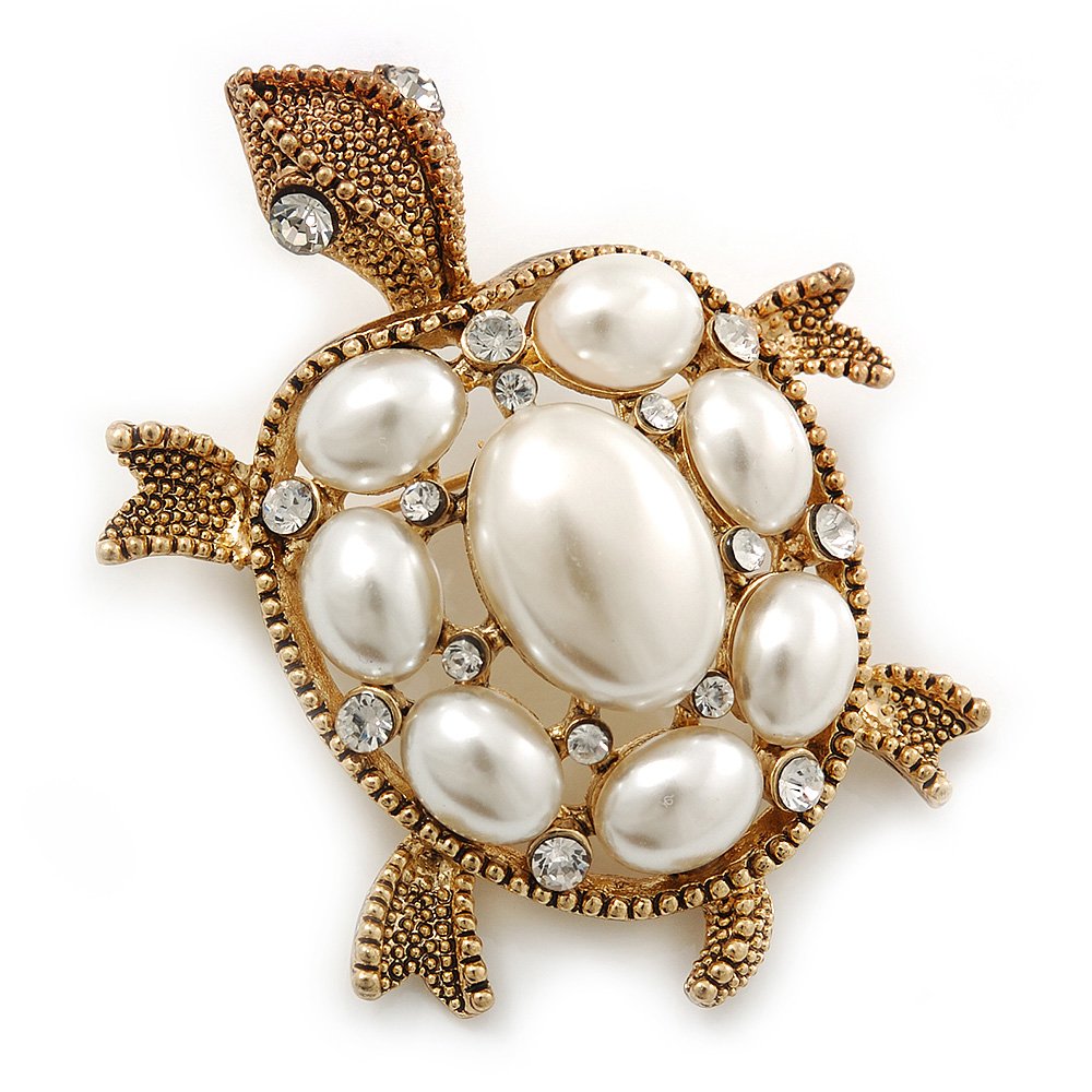 Vintage Inspired Simulated Pearl, Crystal 'Turtle' Brooch In Gold Plating - 60mm Length