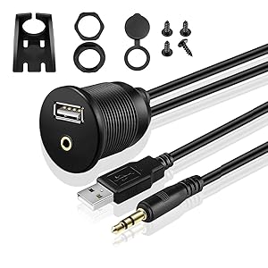 USB 2.0 & 3.5mm Car Mount Flush Cable,Gleewin Dashboard Flush Mount Car USB 3.5mm AUX Extension Cable Lead Mounting Panel for Car Boat and Motorcycle 2M