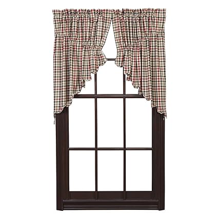 VHC Brands Classic Country Americana Kitchen Window Curtains - Victory Red Scalloped Prairie Swag Pair