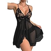 Vicarly Sexy Open Front V-Neck Floral Lace Mesh Sheer Babydoll Lingerie Dress Set with Thong 2 Piece