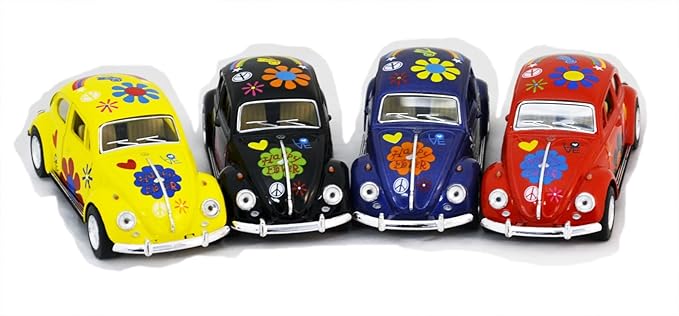 Diecast Cars-Set of 4 Cars: 5 VW Happy Flower Classic Beetle 1/32 Scale, Pull Back n Go Action.