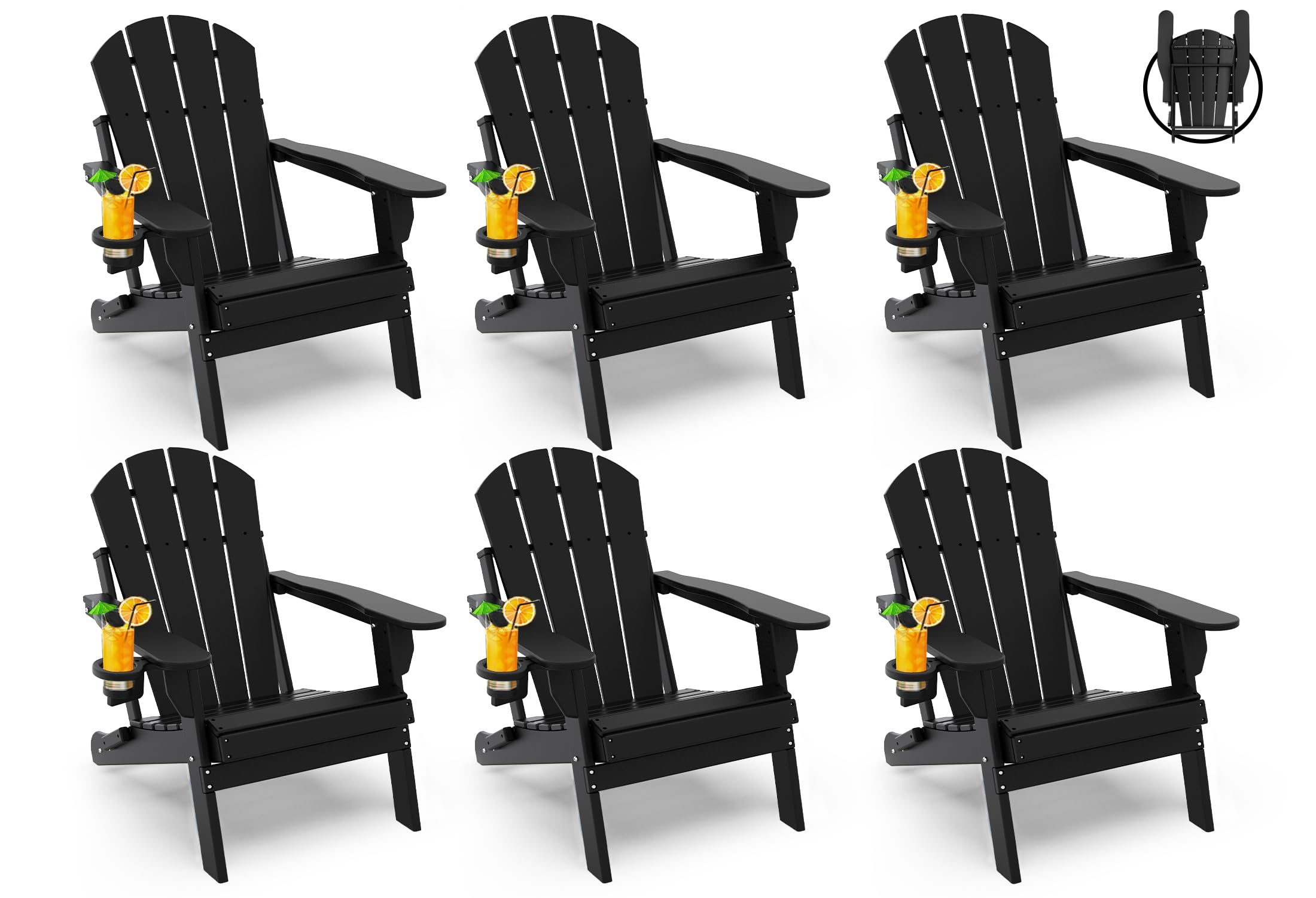GREENVINES Folding-Adirondack-Chairs-Set-of-6 | HDPE Plastic | Fire Pit Chair | All Weather | Cup Holder | Black | for Deck Backyard Patio Outdoor Garden Image