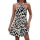 SweatyRocks Women's Sleeveless Twist Front Halter Dress Summer Graphic Print A Line Short Dresses
