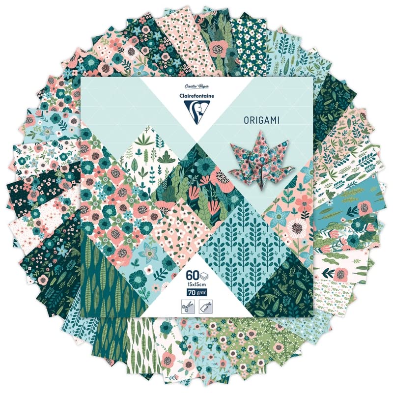 Clairefontaine 95372C Origami Paper Case Herbarium Collection 60 Sheets 70gsm Format 15x15cm 30 Ast coloured designs X 2 design Creative Adults Children