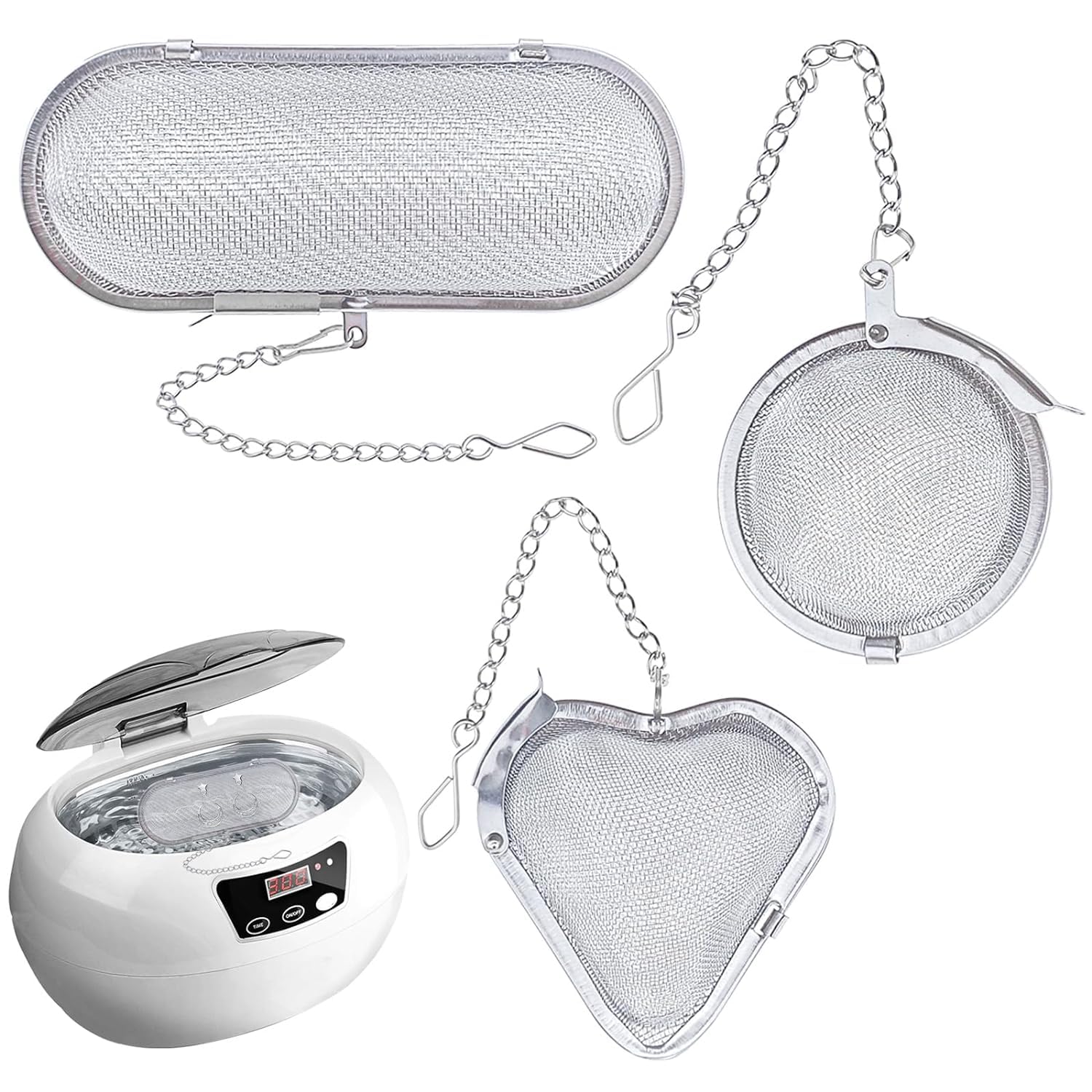 3 Pack Ultrasonic Cleaner Stainless Steel Fine Mesh Parts Cleaning Basket with Lock, Ball Mesh Tea Infuser Ornament Steam Cleaner Small Parts Washing Basket
