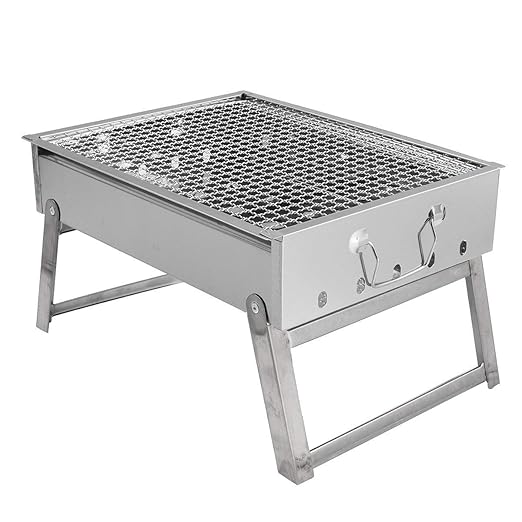 MODERN INNOVATOR Stainless Steel Portable Folding Charcoal Stove Barbecue Oven Cooking Picnic Camping BBQ Grill with Barbeque 1 Tong+1 Oil Brush+2 Skewers Free