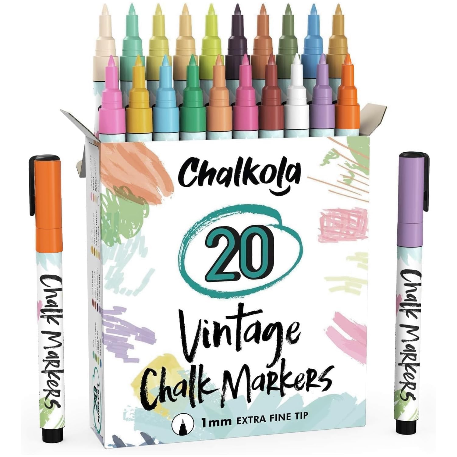 Extra Fine Tip Chalk Pens for Chalkboard (20 Vintage Colors) - Dry Erase Markers for Blackboard, Windows, Chalkboards Signs - 1mm Nib, comes with 50 Chalk Labels