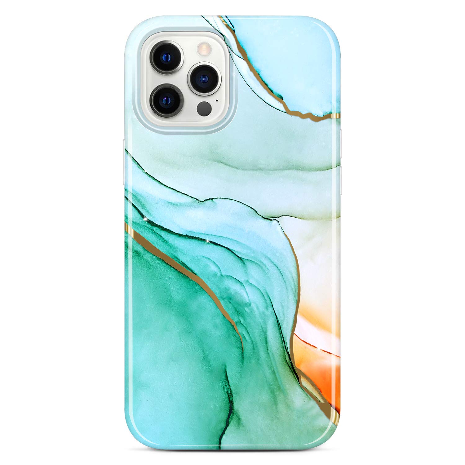 JIAXIUFEN Shiny Gold Electroplated iPhone 12 Case iPhone 12 Pro Case Marble Slim Shockproof TPU Soft Rubber Silicone Cover Phone Case for iPhone 12/12 Pro Green Gold