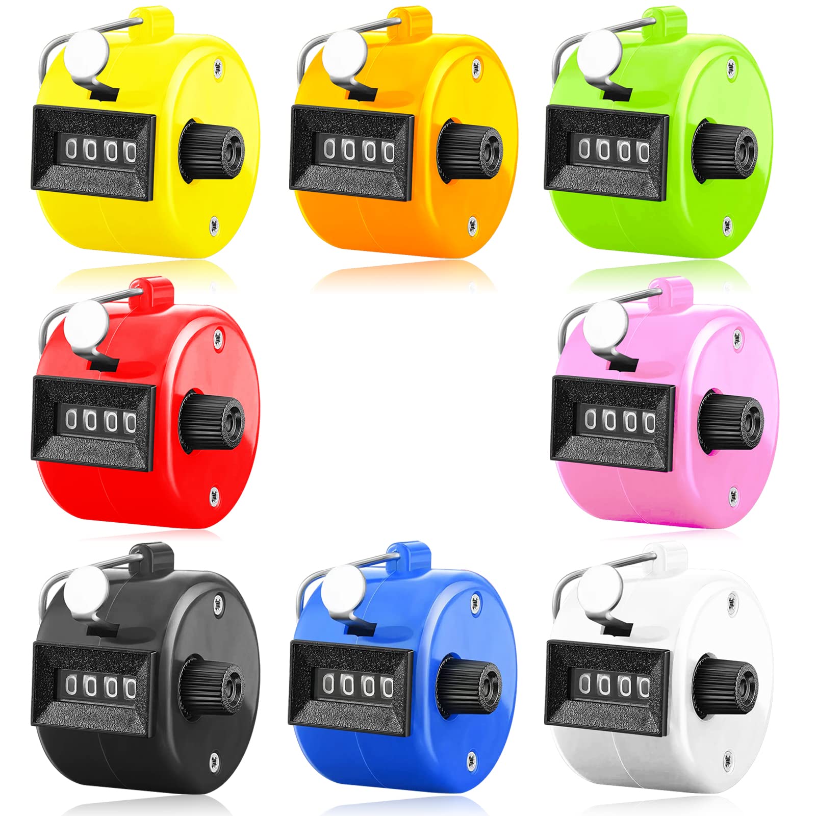 Tally Counters Clickers 4 Digit Mechanical Manual Palm Value 3 6 Pack, Number Lap Tracker Clickers With Metal Finger Ring Hoop Holder Assorted Color Handheld Tally Counter (8 Pack-Mixed Color)