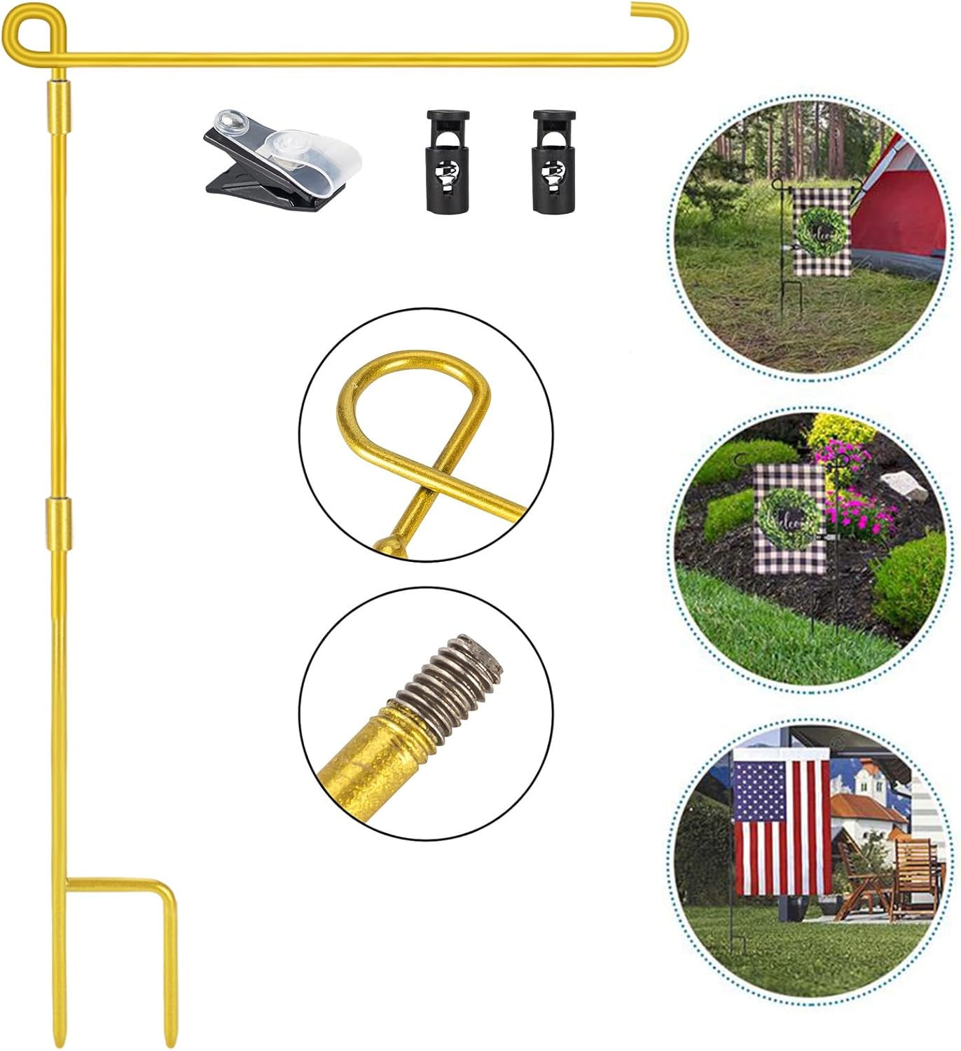 Flagpole Hardware - SHARE&CARE Garden Flag Stand, Garden Flag Pole Holder with 1pc Tiger Clip and 2pcs Spring Stoppers for Garden and Home Decoration 12 x 18 Inches without flag (gold)