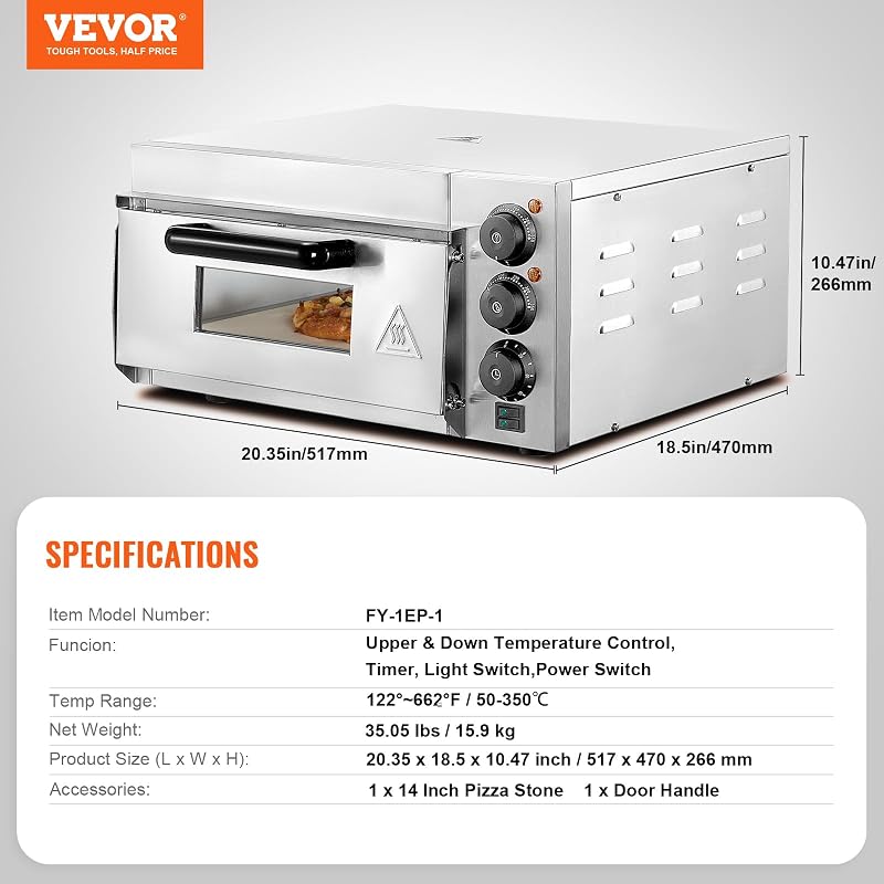 Horno de Pizza Comercial Eléctrico de Encimera de Una Sola Capa, Acero Inoxidable con Piedra y Mango, Multiusos para Interiores para Restaurantes, Pretzels Horneados en Casa, 517 x 470 x 266 mm