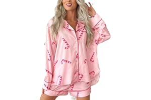 SEYURIGAOKA Women Christmas Pajamas Shorts Set Santa Claus Pjs Long Sleeve Button Down Shirt+Pants 2 Piece Xmas Jammies Loungewear