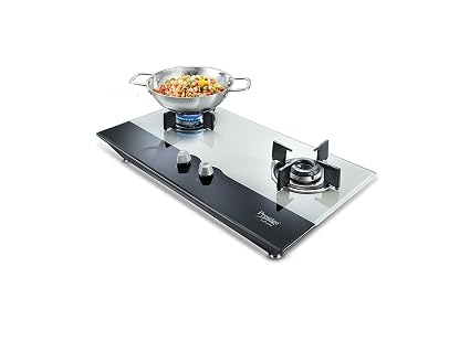 Prestige Hob Glass Top 2 Burner Auto Ignition Gas Stove, Black and White