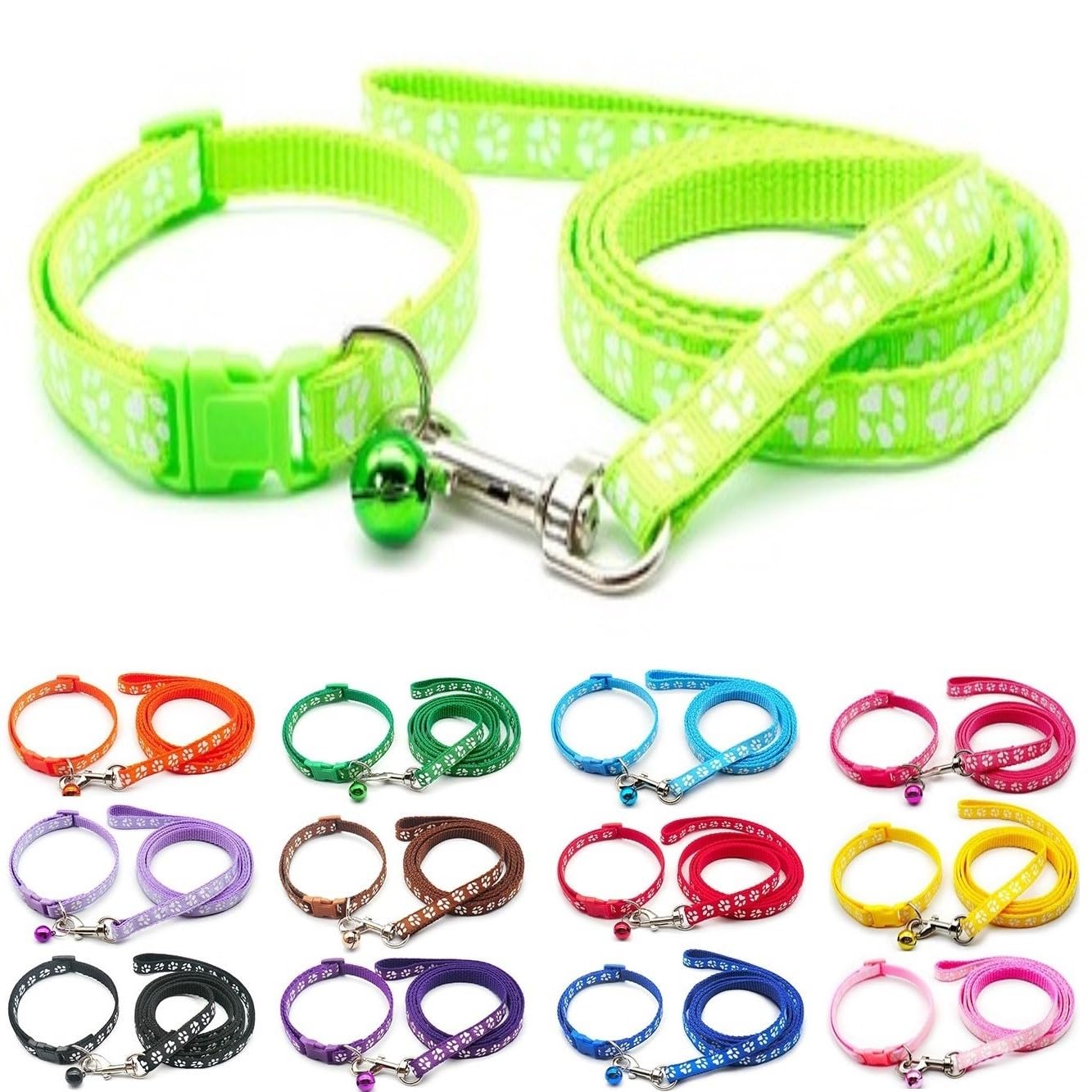 Small Dog Puppy Pet Collar and Lead Set Pawprint Design Nylon Adjustable Size 19-32cm Collar with Bell and 120cm Leash Fluorescent Bright Green