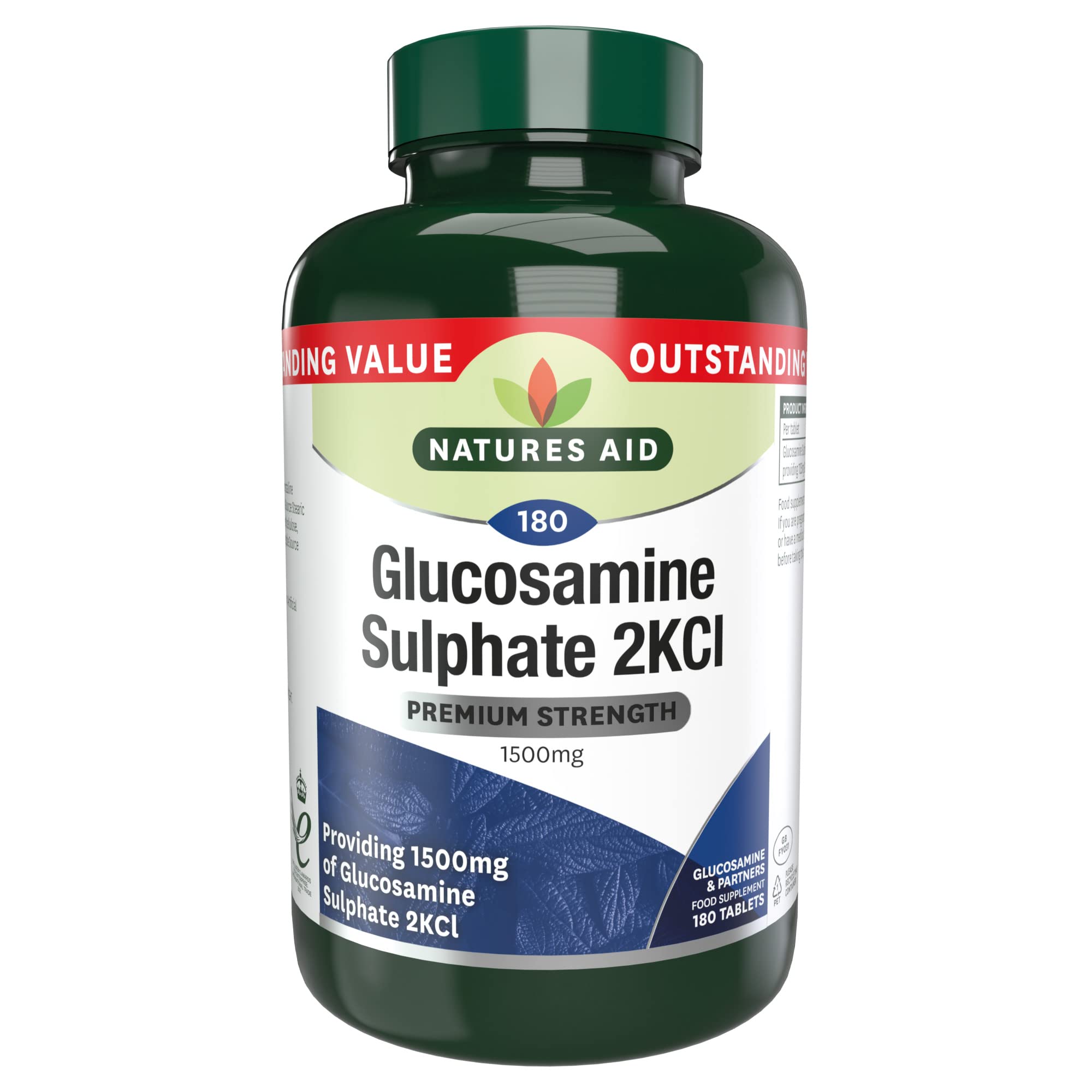 Natures Aid Glucosamine Sulphate 2KCl 1500mg – High Strength Joint Support – Helps Mobility & Flexibility – Non-GMO, Gluten-Free – Natural Supplement – 180 Tablets