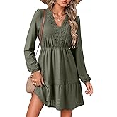Dokotoo Spring Dresses for Women 2026 Elegant Lace Hollow Out Embroidered V Neck Long Sleeve Casual A-Line Swing Mini Dress
